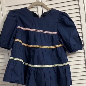English Factory Navy Blouse with Multicolor Trim